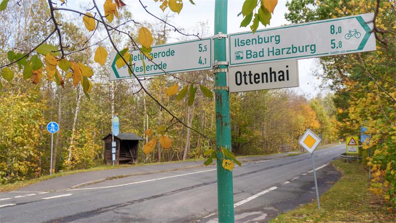 das Bild zeigt ein Straßenschild und im Hintergrund die Landesstraße 501 sowie zwei Bushaltestellen.
