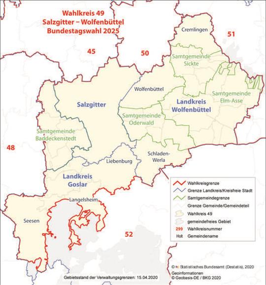 Aus dem Landkreis Goslar gehören die Städte Langelsheim, Liebenburg und Seesen zum Wahlkreis Salzgitter-Wolfenbüttel.