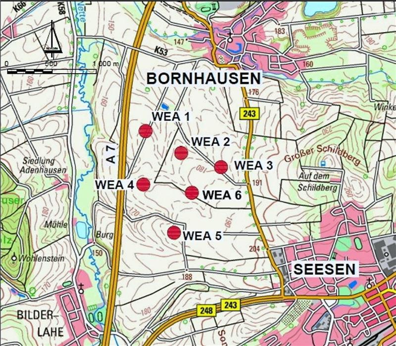 Windpark Bornhausen: Im Oktober soll schon der erste Strom fließen Aus der Grafik sind die Standorte der sechs Windenergieanlagen ersichtlich. Schon Ende Oktober soll das Millionenprojekt ans Netz gehen. Quelle: wpd