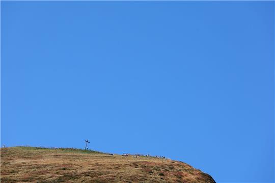 Ausflügler genießen auf dem Gipfel des Fellhorns (Bayern) den Sonnenschein.