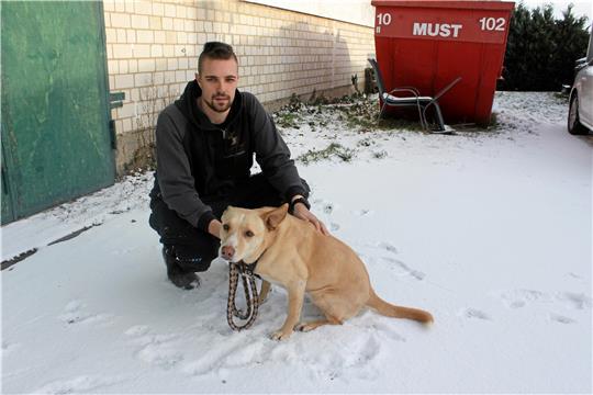 Azubi Niklas Friese mit Hündin Runa. Die 7-Jährige sucht ein ruhiges Zuhause ohne Kinder, am besten mit Garten und viel Auslauf. Foto: Jenzora