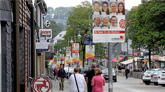 Ein Wahlplakat der SPD, im Hintergrund die Adolph-Roemer-Straße mit Plakaten weiterer Parteien.