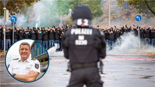 Bedrohlich stehen Fans von Hannover 96 im November 2023 in der Nähe des Stadions in der Landeshauptstadt. Auch damals wurde das Match gegen Braunschweig als Hochrisikospiel eingestuft. Rundes Bild: Uwe Lange, Derby-Einsatzleiter, am Eintracht Stadion. Fotos: Frankenberg dpa/Polizeidirektion Braunschweig