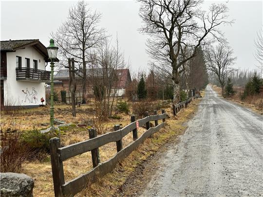 Bei der Alten Harzburger Straße vor dem ehemaligen und seit Jahren leer stehenden Landschulheim (vorne links) handelt es um eine Fahrbahn mit wassergebundener Decke – im Hintergrund sind die Häuser der Nachbarn zu sehen. Foto: Eggers