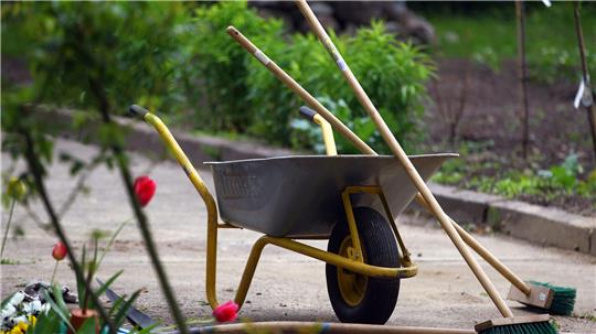 Eine Schubkarre und Gartengeräte stehen in einem Schulgarten.
