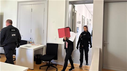 Die Angeklagte verbirgt ihr Gesicht mit einem Ordner.