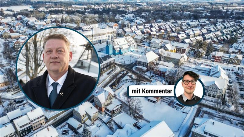 Ein Porträt-Foto von Erik Hippauf. Im Hintergrund eine Luftaufnahme von Clausthal-Zellerfeld mit dem Rathaus der Stadt.