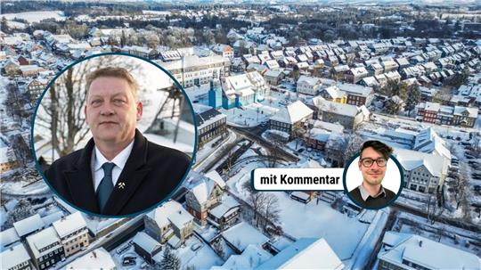 Ein Porträt-Foto von Erik Hippauf. Im Hintergrund eine Luftaufnahme von Clausthal-Zellerfeld mit dem Rathaus der Stadt.