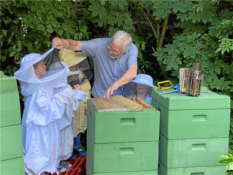 Bevor die Mädchen und Jungen vom Kindergarten Bündheim mit Imker Hans-Herwig Schlottke die Bienenkästen öffnen, werden sie in Imkeranzüge gehüllt, deren Hüte für kleine Köpfe ganz schön groß sind. Foto: Nachtweyh