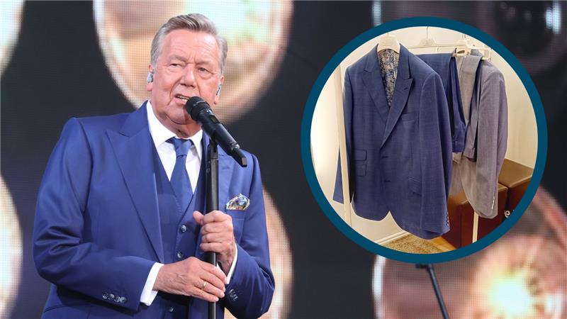 Goslar: Bühnenoutfits von Roland Kaiser bei Charity-Auktion Blaue Anzüge sind sein Markenzeichen. Nun kommen sechs davon in Goslar für den guten Zweck unter den Hammer. Montage: GZ, Fotos: picture alliance/dpa | Bodo Schackow, Neumann