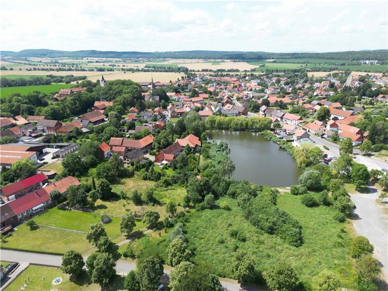 Mühlenteich in Lutter soll Kindern und Familien gefallen Blick auf Lutter aus der Vogelperspektive: In der Bildmitte befindet sich der Mühlenteich, die „grüne Hölle“ darunter ist die Schlammablagerfläche, die sich zu einem Biotop entwickelt hat. Rechts daneben ist der alte Festplatz zu sehen. Von dort aus wird das Biotop verkleinert. Foto: Neuendorf