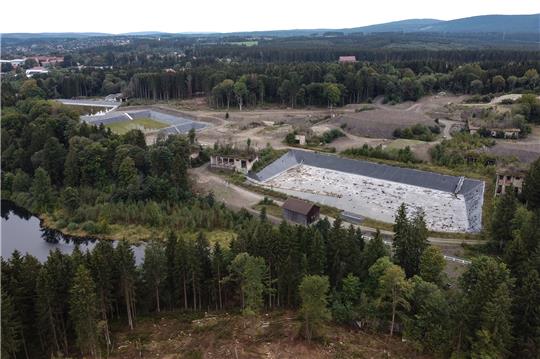 Blick auf einen Teilbereich der ehemaligen Sprengstoff-Fabrik "Werk Tanne" mit der Pflanzenkläranlage. Die Böden und Gewässer rund um das Gelände der ehemaligen NS-Sprengstofffabrik Werk Tanne im Harz sind mit giftigen Altlasten kontaminiert und sollen mit einer Pflanzenkläranlage natürlich abgebaut werden. Foto: Swen Pförtner/dpa
