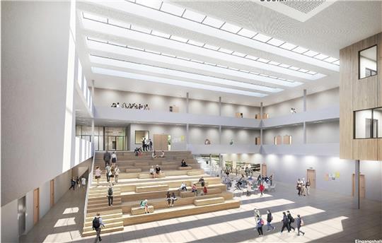 Blick in die Eingangshalle: Ansichten aus einem Exposé geben erste Eindrücke, was die Schüler ab 2024 im neuen Schulzentrum Goldene Aue erwartet. Foto: Privat