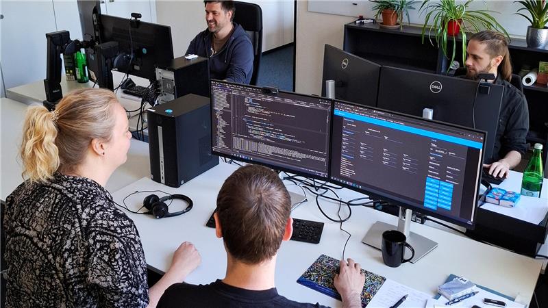 Blick ins Büro: Metalogie-Mitarbeiterinnen und -Mitarbeiter entwickeln eine Software.