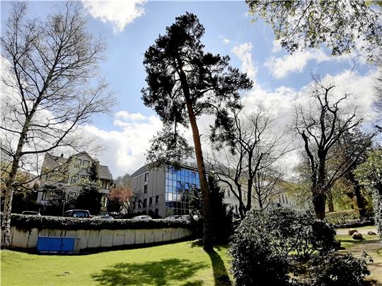 Blick vom unteren Badepark: An die Barbarossa-Klinik (gläserne Front) angrenzend, soll angebaut werden. Dafür muss der Altbau (links) weichen. Foto: Potthast