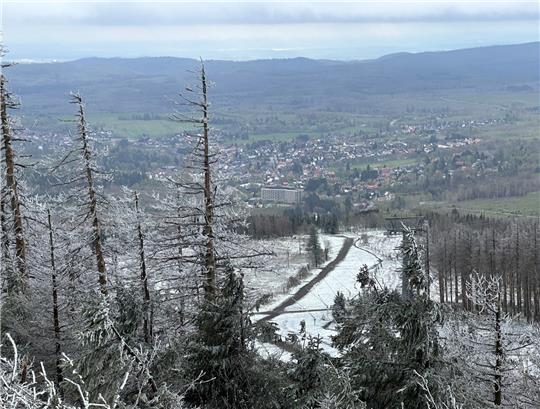 Blick vom weißen Wurmberg auf das grüne Braunlage: In der Nacht von Montag auf Dienstag hat es auf Niedersachsens höchstem Gipfel ein wenig geschneit. Foto: Eggers