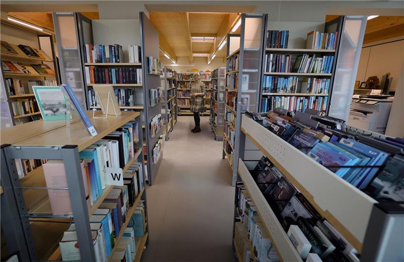 Bücher stehen in einer Bibliothek.