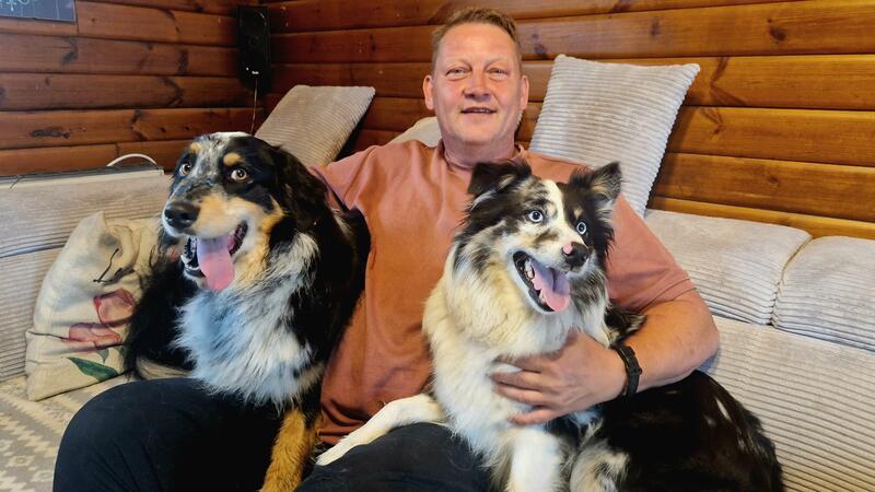 Mann sitzt auf einem Sofa zwischen zwei Hunden.