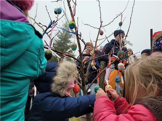 Bunt ist der Osterbaum in Schulenberg, nachdem ihn die Kinder mit selbst bemalten Eiern geschmückt haben. Foto: Exner