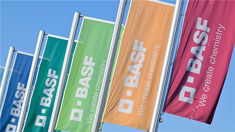 Wagnis in China - BASF investiert Milliarden in neues Werk Bunte Flaggen vor einem Betriebsgebäude in Ludwigshafen. (Archivbild)
