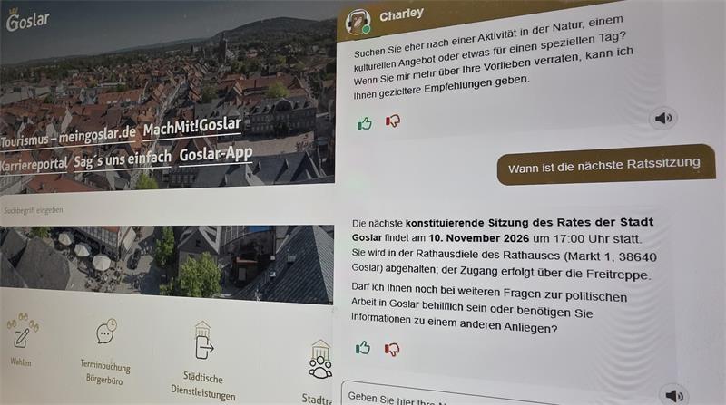 Screenshot einer Webseite mit Informationen zur konstituierenden Sitzung des Rates der Stadt Goslar am 10. November 2026 und einer Chat-Anfrage an einen digitalen Assistenten namens Charley.