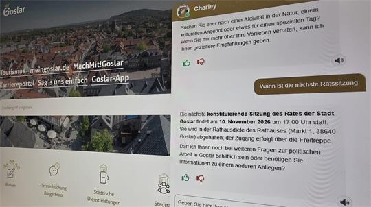Screenshot einer Webseite mit Informationen zur konstituierenden Sitzung des Rates der Stadt Goslar am 10. November 2026 und einer Chat-Anfrage an einen digitalen Assistenten namens Charley.