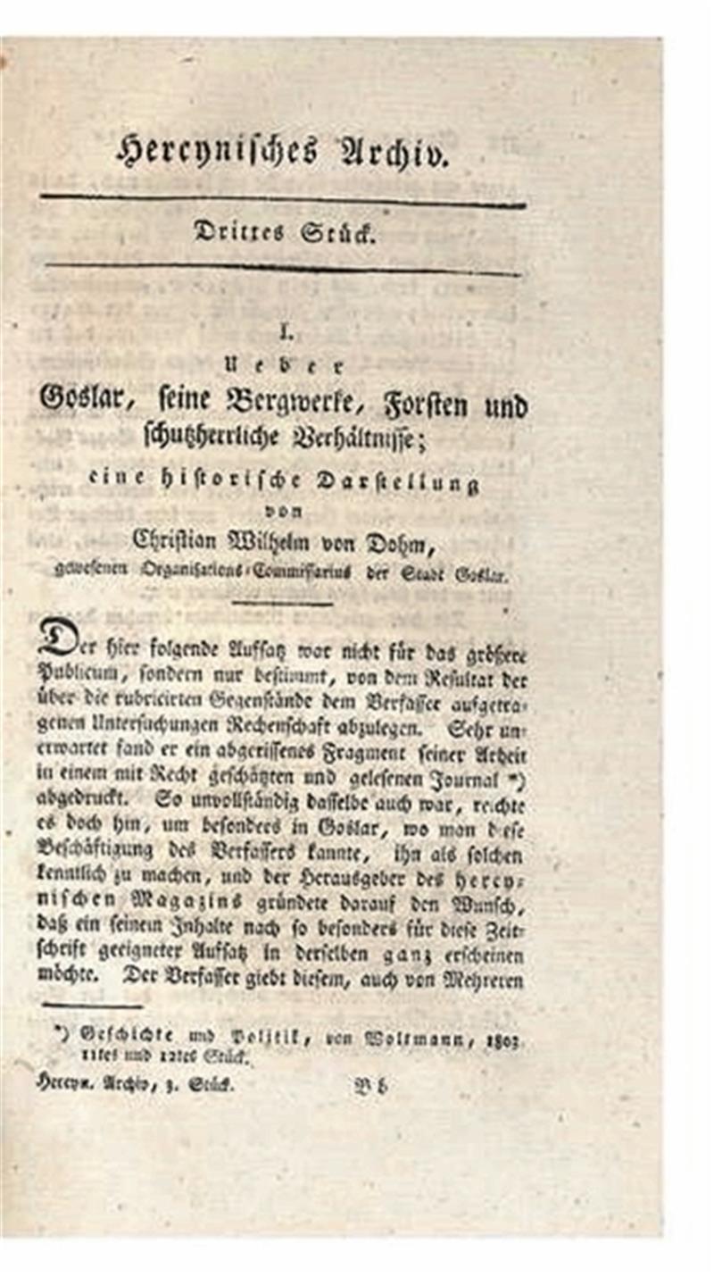 Christian von Dohms Schrift über Goslar erschien im „Hercynischen Archiv“.