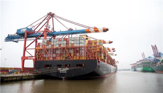 Containerschiffe liegen im Hafen auf der Elbe an den Terminals Eurogate (l.) und Burchardkai.