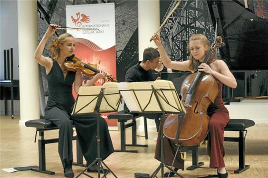 Das Amelio-Trio bestreitet das Preisträgerkonzert des Internationalen Musikfestes. Im Kreishaus spielen (v.li.) Johanna Schubert, Philipp Kirchner und Merle Geißler.