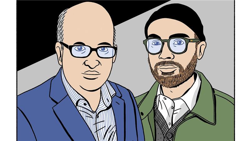 Kolossaler Karl-Comic: Lagerfelds Leben als Graphic Novel Das Bild zeigt Alfons Kaiser und Simon Schwartz, gezeichnet von Schwartz.