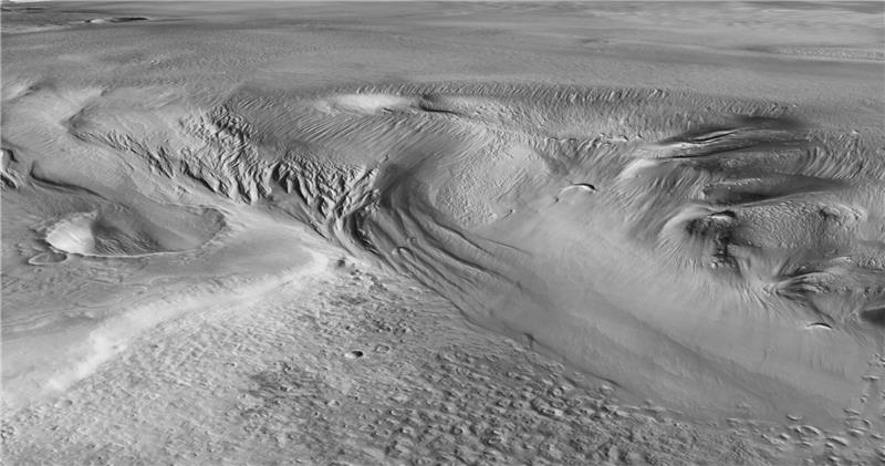 Sondendaten: Womöglich riesige Eismassen auf dem Mars Das Bild zeigt die Region Eumenides Dorsum in der Formation Medusae Fossae, wo vermutlich die dickste eishaltige Ablagerung zu finden ist.