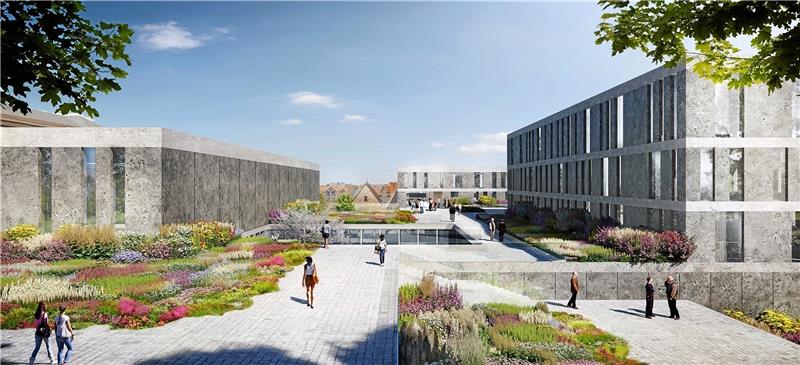 Das Ensemble aus Hotel (rechts) und Veranstaltungshalle soll im Goslarer Pfalzquartier entstehen – ein Bürgerbegehren will die finanzielle Beteiligung der Stadt verhindern. Entwurf: Nieto Sobejano