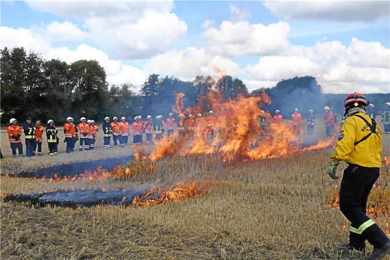 Das Feuer zündet durch, als es den noch nicht geernteten Weizen erreicht. Sogleich entsteht eine viel größere Hitze, die für die Brandbekämpfer eine höhere Belastung bedeutet. Die Beobachter müssen einen Schritt zurückgehen.  Fotos: Feuerwehr (2), Gereke (5)
