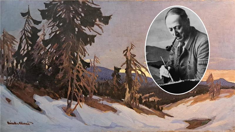 Das Gemälde „Vorfrühling“ von Karl Reinecke-Altenau zeigt die Oberharzer Natur mit zerzausten Fichten und letzten Schneefeldern.