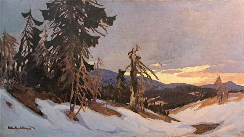 100 Jahre altes Reinecke-Gemälde zurück in Altenau Das Gemälde „Vorfrühling“ von Karl Reinecke zeigt die Oberharzer Natur mit zerzausten Fichten und letzten Schneefeldern.