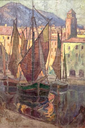 Das Gemälde „südländische Hafenszene“ von Reinecke-Altenau zeigt mit großer Wahrscheinlichkeit den Hafen des Ortes Riva del Garda am Gardasee, an den der Künstler 1925 nachweislich reiste.