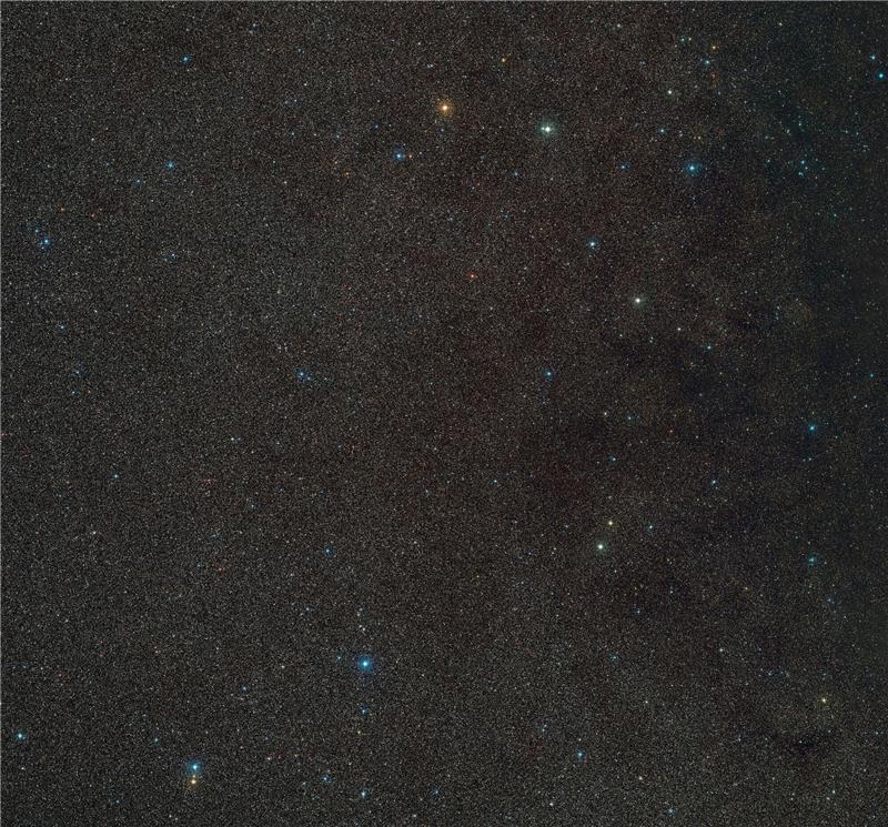Das Handout zeigt einen Weitwinkelausschnitt der Umgebung von «Gaia BH3», dem massereichsten stellaren schwarzen Loch in unserer Galaxie. Das schwarze Loch selbst ist hier nicht sichtbar, aber der Stern, der es umkreist, befindet sich in der Mitte des Bildes.