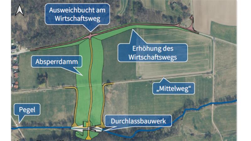 Luftaufnahme eines geplanten Hochwasserrückhaltebeckens mit Beschriftungen zu Bauabschnitten und Wasserwegen sowie einer Legende mit Projektinformationen.