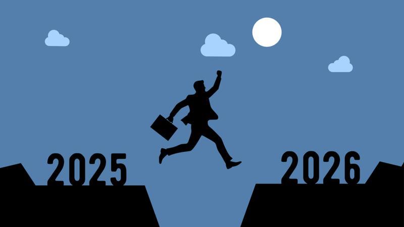 Symbolbild: Eine Person springt von einem Vorsprung, auf dem die Jahreszahl 2025 steht, auf einen mit der Jahreszahl 2026.