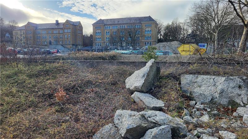 Große, alte Backsteingebäude im Hintergrund, davor Baustelle mit Erdhügeln, Bauschutt und kahlen Bäumen.
