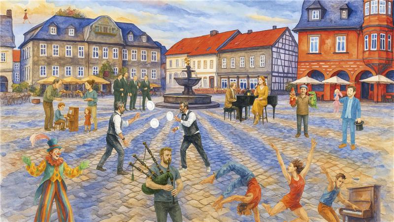 Ein Plakat in Art einer Zeichnung: Der Goslarer Marktplatz unter blauem Himmel und weißen Wölkchen wird von allerhand Kleinkünstlern bevölkert. 