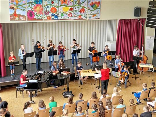 Das RKS-Orchester spielt vor Grundschülern den Karneval der Tiere. Foto: Knoke