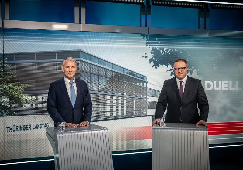 Höcke demaskiert? TV-Duell zwischen AfD- und CDU-Politiker Das TV-Duell der Spitzenkandidaten für die Landtagswahl in Thüringen: Björn Höcke (AfD, l) und Mario Voigt (CDU).