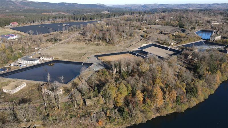 Clausthaler Werk Tanne: Mit Schilf gegen Sprengstoffreste Das Übersichtsfoto zeigt die Pflanzenkläranlage von Werk Tanne. Die beiden linken Becken des ersten Bauabschnitts sind seit gut anderthalb Jahren in Betrieb. Das Wasserbecken ganz rechts und das dazugehörige Schilfbecken sind jetzt eröffnet.