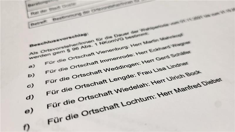 Ausschnitt eines Dokuments mit einer Liste von Ortsnamen und zugehörigen Personen, darunter 'Für die Ortschaft Lengde: Frau Lisa Lindner' und 'Für die Ortschaft Wiedelah: Herr Ulrich Bock'