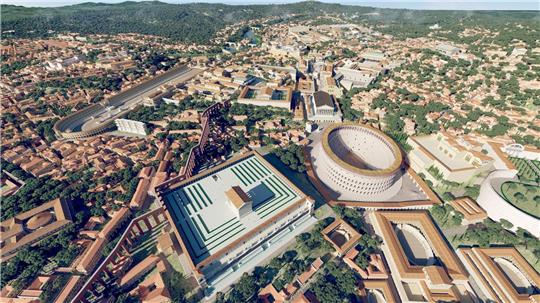 Das computergenerierte Bild zeigt eine Luftaufnahme des antiken Roms im Jahr 320 n. Chr. mit dem Kolosseum (M) als 3D-Rekonstruktion «Rome Reborn 4.0».