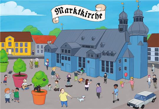 Das erste Bild des Wimmelbuchs zeigt die Clausthaler Marktkirche zum Heiligen Geist.
