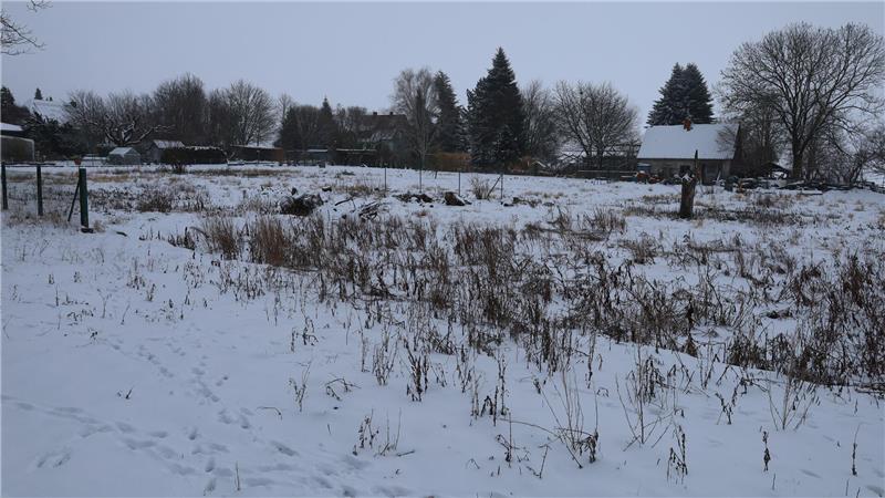 Neubaugebiet „Gänsewinkel“ liegt auf Eis – Ein zweites geht voran Schnee liegt auf einer unbebauten Fläche.