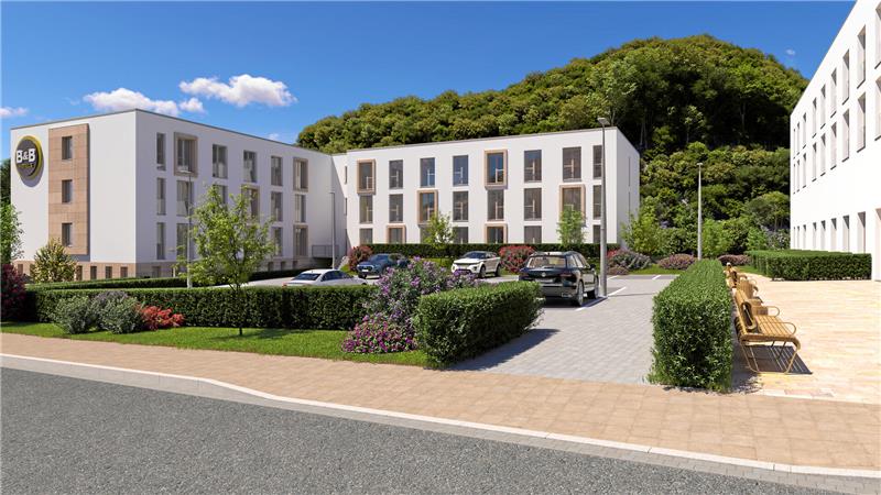 Das neue „B&B“-Hotel auf dem Kurhausgelände (hier eine Visualisierung) dürfte die Gästezahlen in Zukunft beeinflussen.  