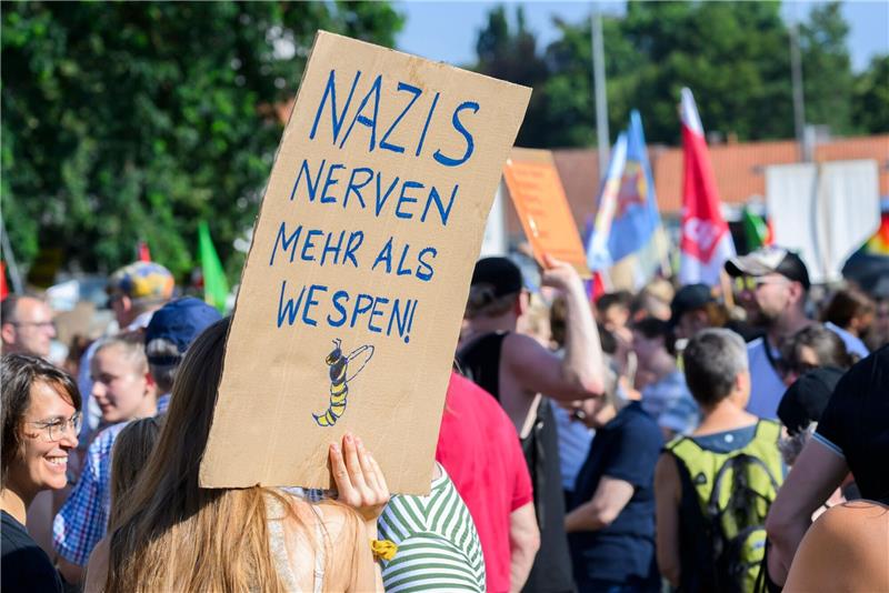 Demonstranten bei einer Demonstration gegen den Landesparteitag der AfD Niedersachsen in der Congress Union Celle.